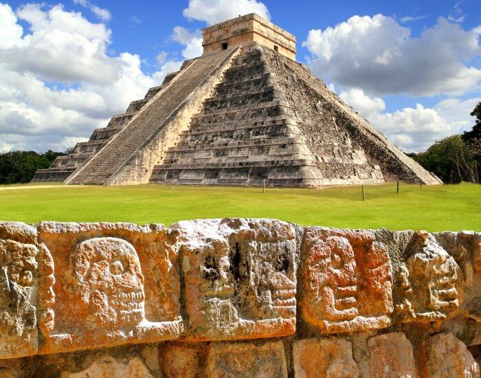 Chichen Itza - the Wall of Skulls and El Castillo pyramid